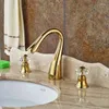 Bathroom Sink Faucets Double Handle Golden Basin Faucet Deck Mounted Widespread Tub Mixer Taps 3 Holes Cold