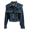 Damesjassen Prepomp Herfstaankomst Lange mouw Turn Down Collar Dubbele zakken sjaalsontwerp Blue Denim Jacket Dames GE006 230428