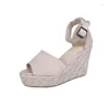 Sapatos de vestido mulher sandálias verão cunhas bombas de salto alto plataforma peep toe fivela cinta moda palha corda respirável gladiador