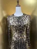 Casual Dresses 2023 Autumn/Winter Leopard Pattern Silk Elastic Satin Round Neck Waist Large Swing Long Sleeve A-line Midi Dress Woman Skirt