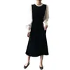Robe contrastée cousue à col rond pour femme, nouvelle jupe de style Hepburn rétro français, automne 2023
