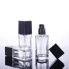15 20 30 40ML Empty Clear Square Glass Emulsion Essence Bottle With Black Pump Head Cosmetic Containers For Lotion Cleanser Body Cream Lcwvq