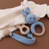 Baby Teethers Toys 1 Set DIY Crochet Rabbit Teether born Bunny Rattle Toy Wooden Molar Teething Ring Pacifier Clips Chain Stuff 230427