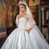 2024 Principessa di lusso Abito da ballo in raso Abito da sposa In pizzo Perle In rilievo Maniche lunghe Collo trasparente Abito da sposa bianco Vestido De Novia