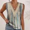 Dames blouses dames vest mouwloze v-neck kleurrijke printing holle out patchwork verkleed kanten ademende dame top vrouwelijke kleding