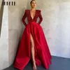 JEHETH Sexy Deep V-Neck Side Split Sequin Evening Dress Long Sleeves Satin A Line Prom Formal Gowns robes Floor Length