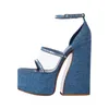 Brand New Denim Crystal Platform Sandals 2023 Summer Women Round Toe High Heel Pumps Slippers Banquet Dress Party Shoes Size 43