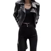 Женская кожа 2023 Spring Design Sense Zipper Black PU с длинным рукавом мотоцикл короткий маленький пальто