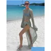 Work Dresses Boozrey Women Summer 2Pcs Beachwear Bikini Er-Ups Y Long Sleeve Knitted Hollow Crop Tops Split Skirt Clogheted Set Drop D Dhh4E