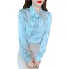 Kvinnor Bluses French Style Satin Shirt Spring Autumn Clothing 2023 Office Underwear Elegant Flower Bow Collar Blus