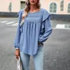 Kvinnors blusar 2023 Autumn Winter Blus Top Lace Pleated Stitching Solid Color Shirt Women Ruffles Puff Sleeve Round Neck