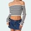 Women's T Shirts CHRONSTYLE Women Knitted Ribbed T-shirts Exposed Navel Top Long Sleeve Off-shoulder Backless Striped Slim Fit Tees 2024