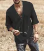 Mens Tshirts Fashion Hippie Linen Shirt Casual Middle Sleeve V Neck Summer Beach Loose Tee Tops Solid Color T Shirts 230428