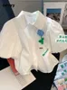 Circyy Damen-Blusenhemden, kurze Hemden, weiß, Sommer-Puff, kurzärmelig, französischer Chic, Umlegekragen, Hemd mit Knöpfen, Applikationen, solide Blusen, P230427