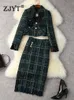 Tweedelige jurk Zjyt Elegant Tweed Wollen Jacket en Rok Tweedelige set vrouwen herfst winterjurkpak modeontwerper feest outfit groen 230428