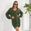 Casual Dresses Fashion Loose Knitted Sweater Dress Autumn Winter Sexy V-neck Colorblock Drawstring Design Elegant Short White Vestidos