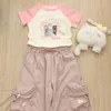 Damenhose Rosa Kawaii Süße Vielseitige Mode Stickerei Freizeithose Sommer Elastische Taille Lose Große Tasche Breites Bein