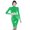 İş elbiseleri Bahar/Sonbahar Yaz Pvc Uzun Kollu Bodycon Üstü Etek ile Seksi Giysiler Kadınlar için Setler Setleri 2 PCS Kostüm