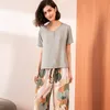 Women's Sleepwear Summer Pajamas Set Women Comfortable Cotton Viscose Contrasting Color Pajamas Short Sleeve Tops with Long Trousers Ladies Pj Set 230428