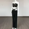 Women's Two Piece Pants Black Lace Wrapped Top High Waist Wide-leg Two-piece Suit