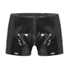 Underpants S5XL Sexy Men Boxer Short Fetish Underwear Panties Shiny Patent Leather Exotic Zipper Metallic Shorts Swimwear Beach 231128