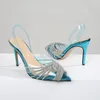 Sandaler Spring/Summer Transparent PVC Pointed Rhinestone Stripe Single Shoes Thin High Heels Bankettklänning stor storlek kvinnors sandal