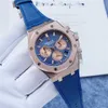 Högkvalitativt toppmärke Audexxx Pigxxx Blue Dial Rose Gold Steel Leather Strap Sapphire Mirror Mirror Multifunktionell Chronograph Quartz Movement Man Watch