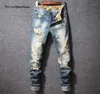 Мужские рваные винтажные синие облегающие прямые джинсы, брюки в стиле хип-хоп, уличная одежда, модные джинсовые брюки с дырками, большие размеры 408678901