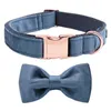 Coleiras estilo exclusivo patas de veludo azul profundo colar macio com gravata borboleta e trela presente para cães e gatos