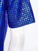メンズカジュアルシャツメンズ70年代ディスコメタリック光沢のある格子縞のプリントシャツ短袖ボタンダウンシャツナイトクラブパーティートップスステージパフォーマンスコスチューム231127