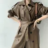 Damen Trenchcoats Ledermantel Frühling Herbst Britische Vintage Motorradjacke Mittellange Taillenlänge PU