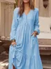 Robes décontractées Robe d'été pour femmes 2023 lâche mode coréenne col en V longue plage élégante vacances simple boutonnage mi-mollet robe vintage