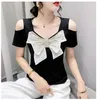 Women's T Shirts Sexy Off-the-shoulder V-neck T-shirt Summer Dress Design Sense Bow Top Slim Show Half Sleeve Small Shirt