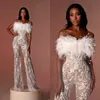 Sexy Jumpsuit Mermaid Evening Dresses Feather Boat Neck Elegant 3D-Lace Slim Fit Floor-Length Prom Dresses Size Custom Made D-H23770