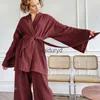 Hemkläder japanska kimono set 100% bomullsbadrock sexig pyjamas två-stycken lös svett ångande kostym hemservice mode weavwearvaiduryd