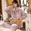 Mulheres sleepwear mulheres coral velo inverno pijamas meninas espessadas veludo algodão loungewear senhoras bordado três camadas terno quente