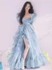 Casual Dresses Party 2023 Summer Short Puff Sleeve Blue Print Chiffon Women Floor-Length Overlength Princess Long Dress Female Design