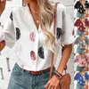 Women's Blouses Summer Feather Print Short Sleeved Shirt Women Fashion V-Neck Button Loose Fitting Blouse Elegant White Black Office