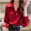 Mulheres Blusas Camisas Mulheres Vermelho Manga Longa Sólida All-Match Ins Plus Size Charme Senhora Roupas Diariamente Elegante Adolescentes Mujer 202 OTA9K