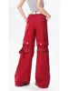 Jeans da donna Tasca da lavoro rossa Pantaloni gamba rimovibile americani Pantaloni larghi casual Wide Street Y2K Trend