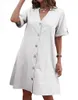 Vestido feminino lavado de algodão manga curta comprimento médio com decote em V solto