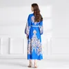 Retro kwiatowy niebieski impreza maxi sukienka designerska szata długi rękaw stojak kołnierz wysokim talii Dopasowane sukienki 2023 FILL ELEGANT ELEGANT LACE UP STROCKS