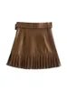 Skirts XNWMNZ Women fashion with belt pleated faux leather mini skirt vintage high waist a-line skirts female skirts mujer 230428