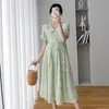 Maternidade Vestidos French Green Summer Maternity Roupas Casual Plus Tamanho Viagens Florais Vestidos de Gravidez Po Peter Pan Pan Collar 230428