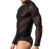 Camisa masculina masculina de camiseta gay camisa de malha de nylon ver através de mangas compridas de roupas íntimas transparentes sexy