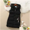 Womens Vests Jacket Sleeveless Waistcoat Winter Underwaist Coat Long Hooded Quilted Puffer Vest Female Warm Thicken Outwear Drop Deliv Otpns