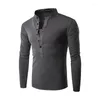 Men's T Shirts Solid Color Stand-up Collar T-shirt Button Placket Casual All-match Long-sleeved Slim Bottoming Shirt For Men