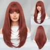 Synthetic Wigs Wig Women's Orange Long Straight Hair with Straight Bangs Dyed Synthetic Fiber Headband Layered Wig