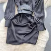 Casual Dresses SuperAen French Black Elegant A-line Dress Women Korean Design Belt Waist Pleated Poplin Puff Sleeve Short