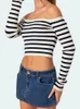 Women's T Shirts CHRONSTYLE Women Knitted Ribbed T-shirts Exposed Navel Top Long Sleeve Off-shoulder Backless Striped Slim Fit Tees 2024